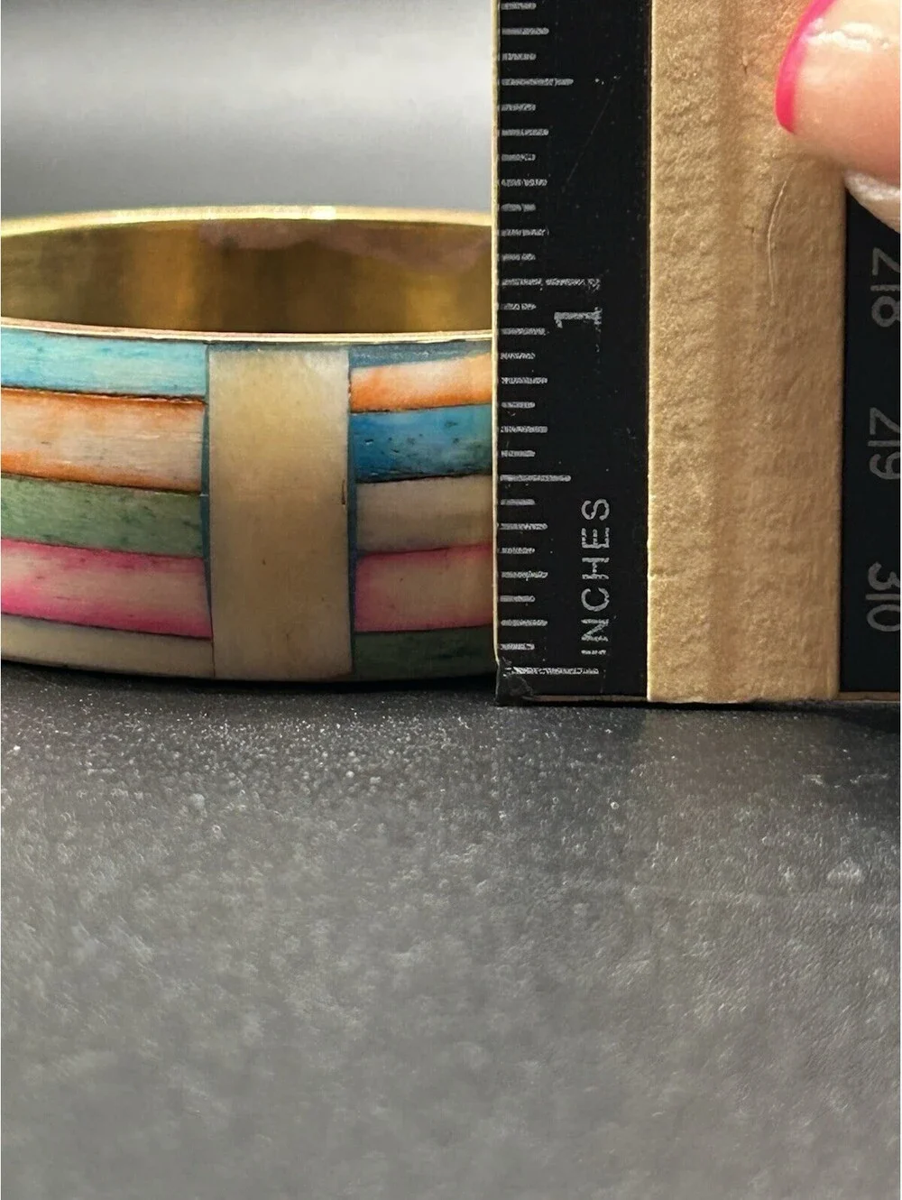 Vintage Set Of 3 Brass / Plaid Pastel Colored Bangles 1970’s